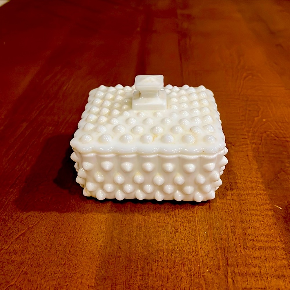 Vintage Hobnail White Milk Glass Square Candy Dish Fenton Trinket Box